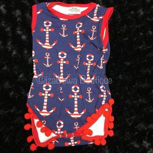 Red White Blue Anchor Print Pom Pom Romper